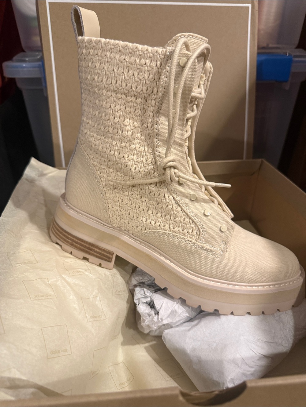 Dolce Vita Cream Lace-Up Woven Combat Boot